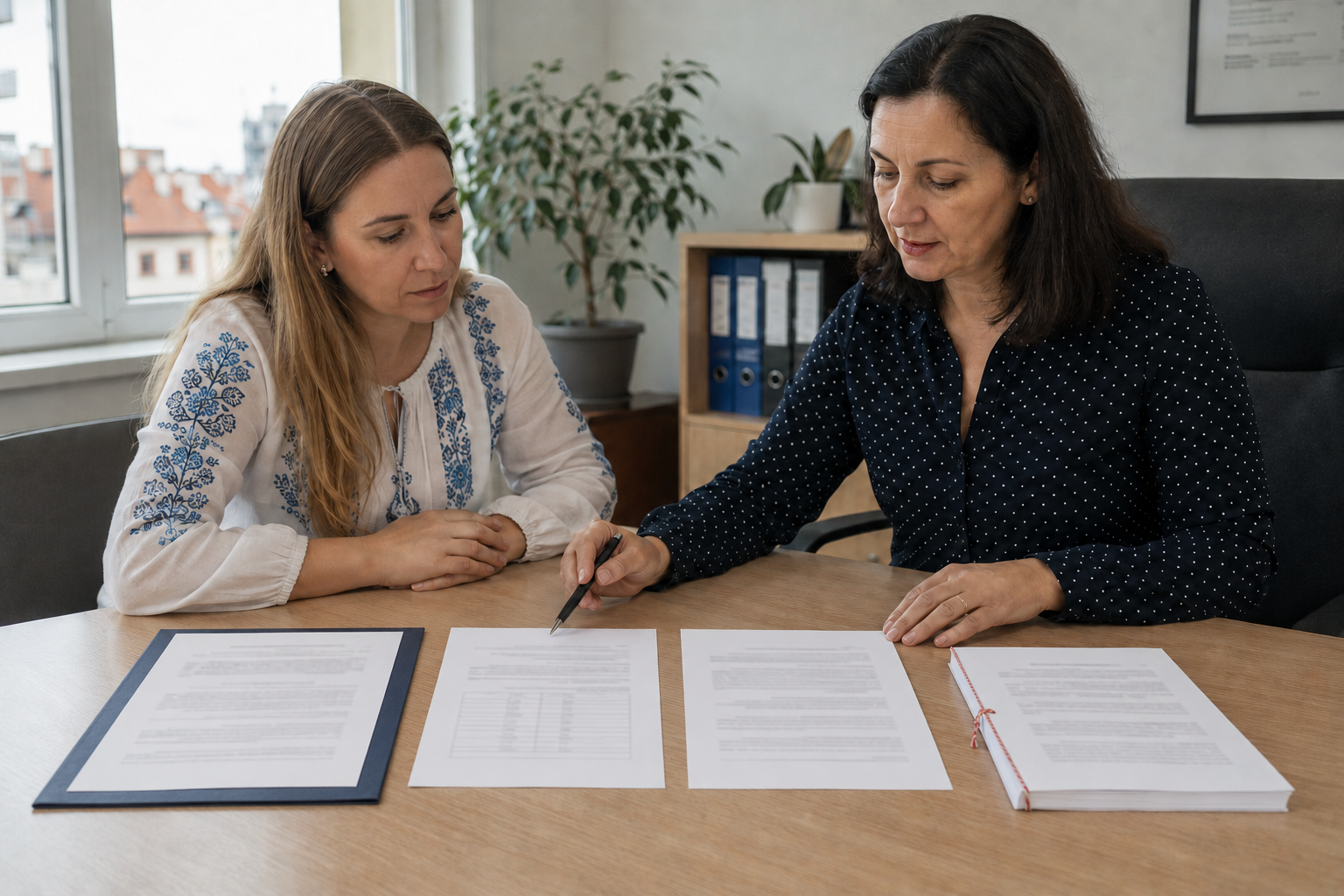 Судова перекладачка пояснює клієнтці, як підготувати атестат і додаток для перекладу та апостиля