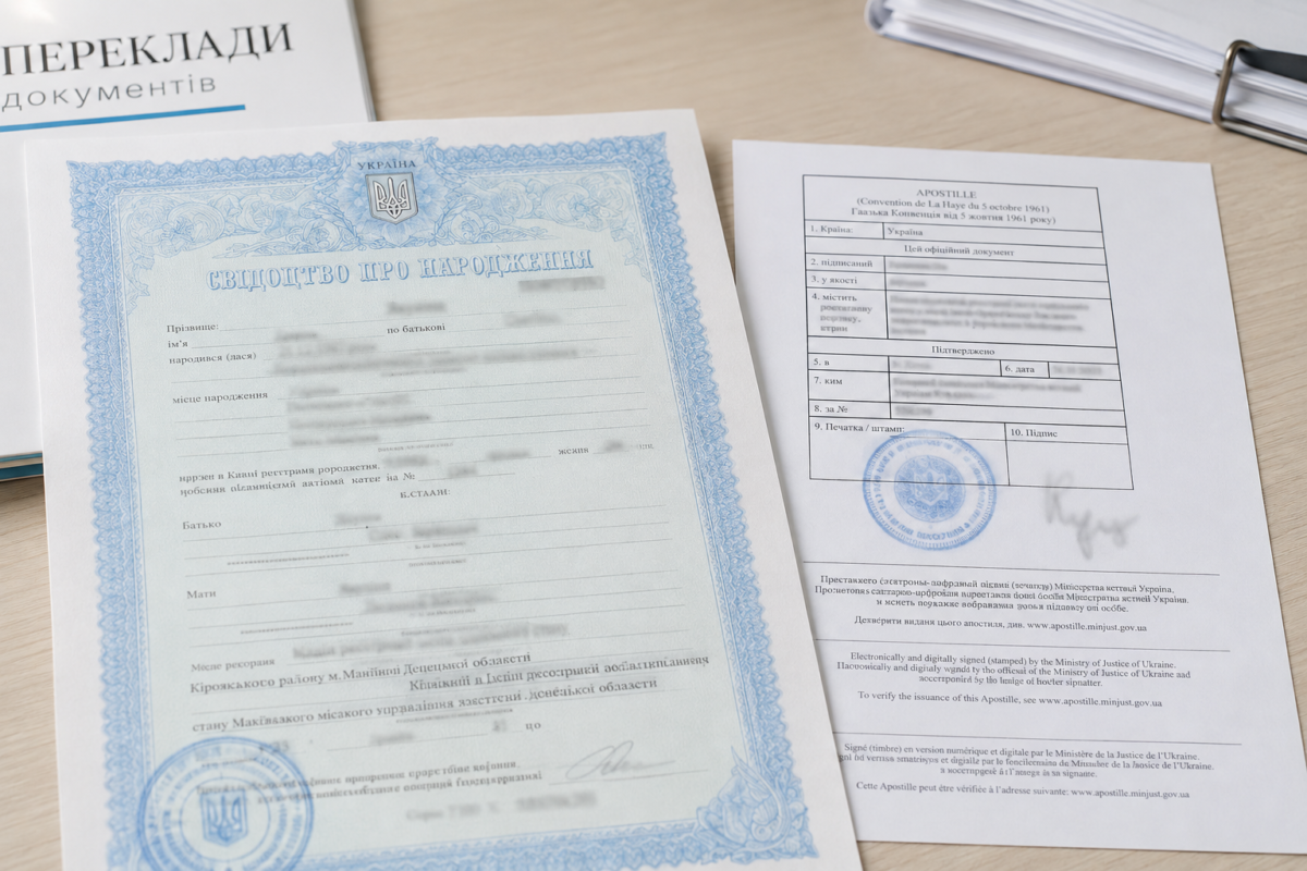 Українське свідоцтво про народження та аркуш Apostille на столі перед завіреним перекладом
