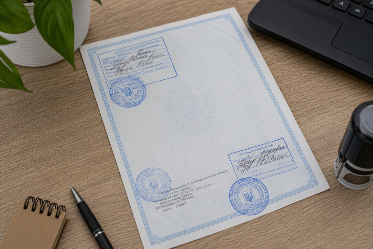 Зворотний бік українського документа з печатками, штампами та рукописними відмітками на робочому столі