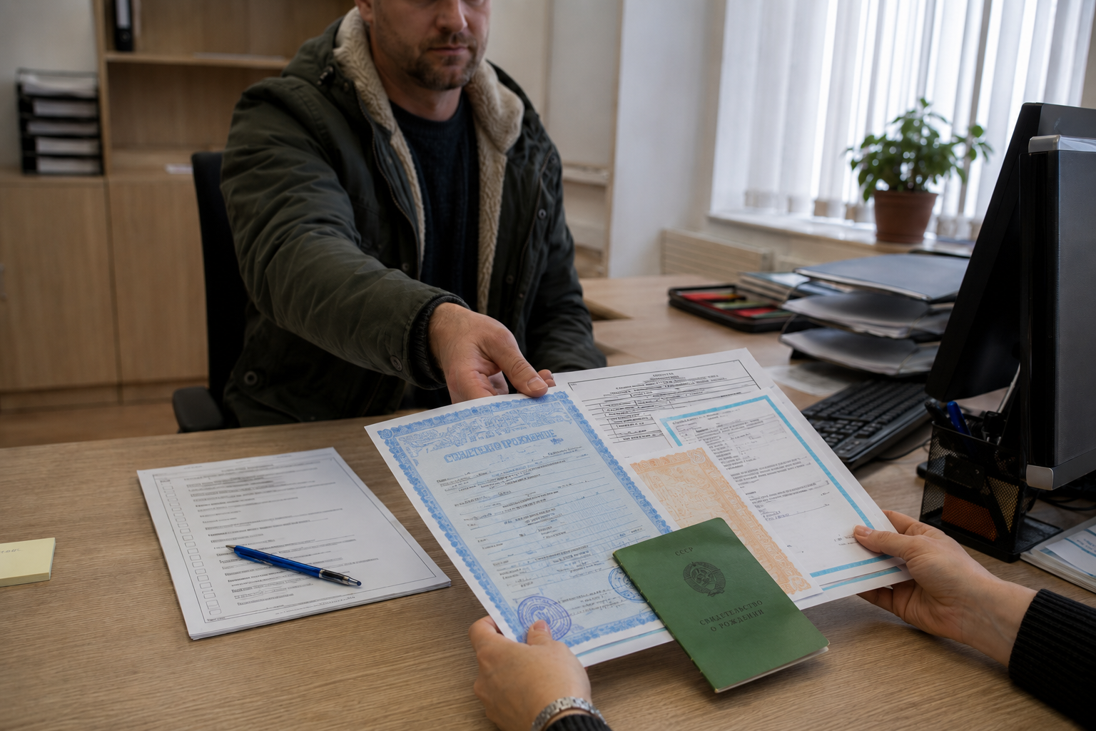 Людина передає комплект українських документів працівникові установи для перевірки перед поданням