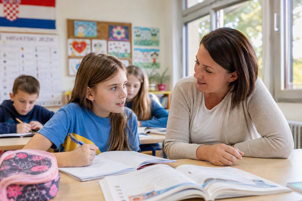 Учениця розмовляє з учителькою хорватською під час уроку