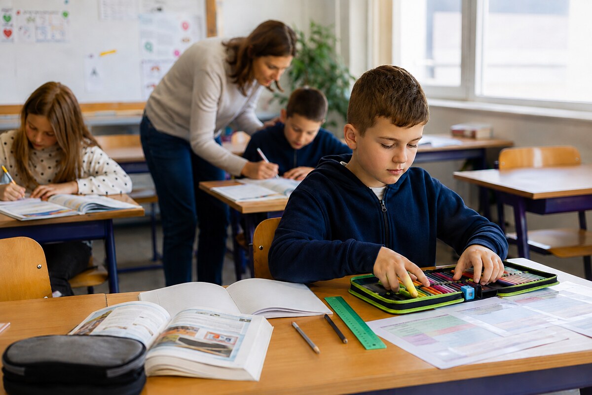 Школяр готує зошити та приладдя до уроку в хорватській школі