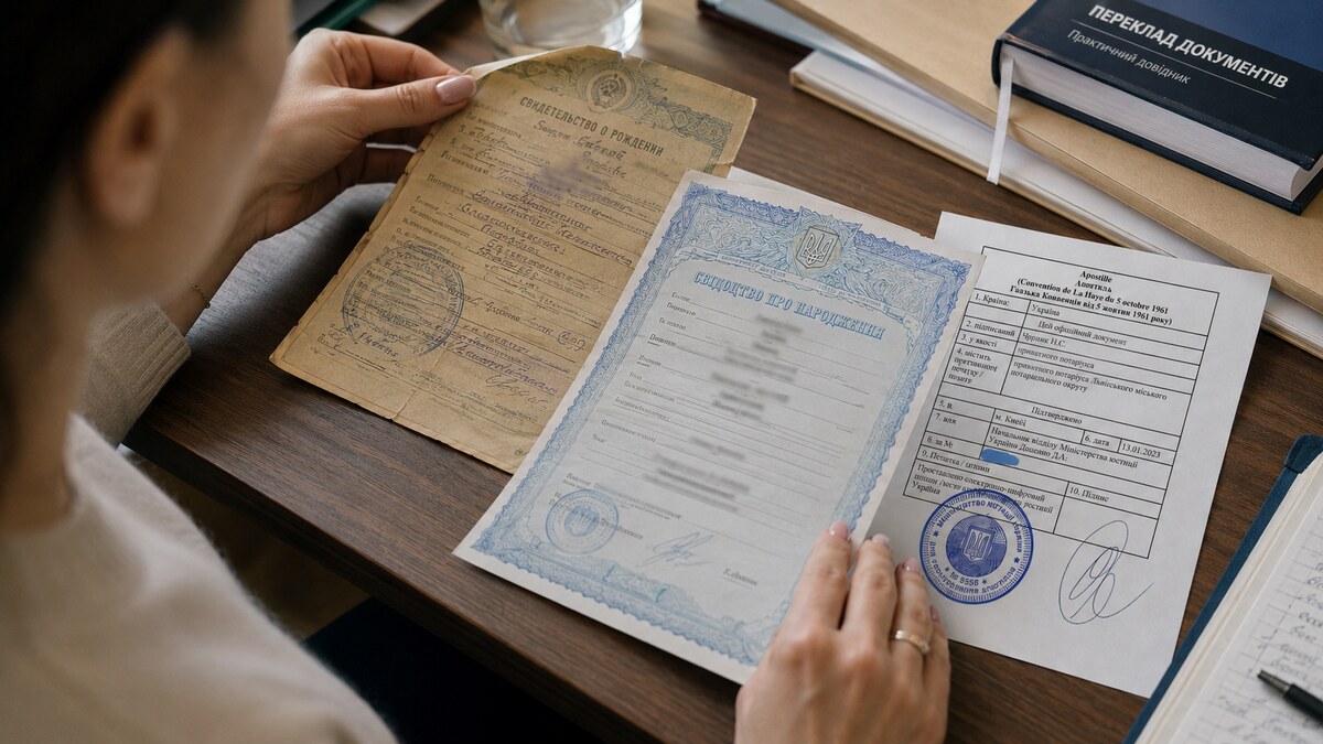 Перекладачка порівнює старе свідоцтво, сучасний український документ і справжній апостиль