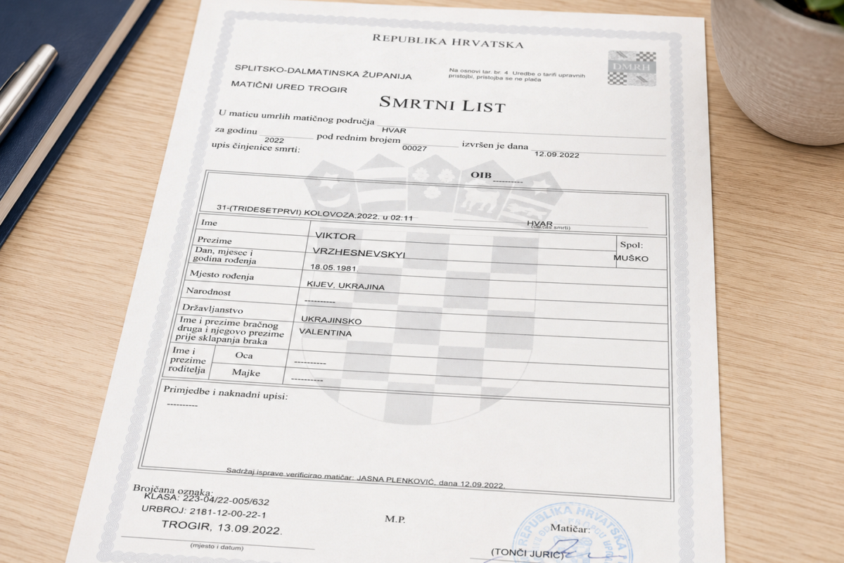 Хорватське свідоцтво про смерть Smrtni list